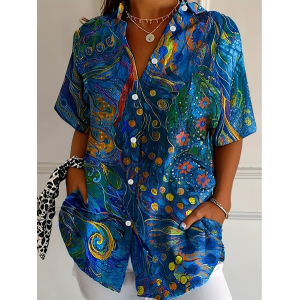 Women Floral Short Sleeve Shirt Summer Printing Shirt Collar Daily Casual Top