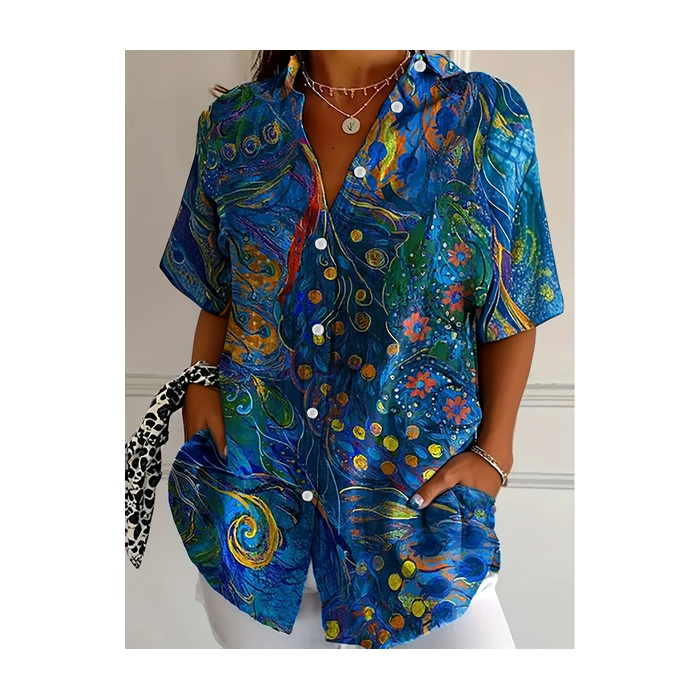 Women Floral Short Sleeve Shirt Summer Printing Shirt Collar Daily Casual Top