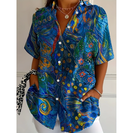 Women Floral Short Sleeve Shirt Summer Printing Shirt Collar Daily Casual Top