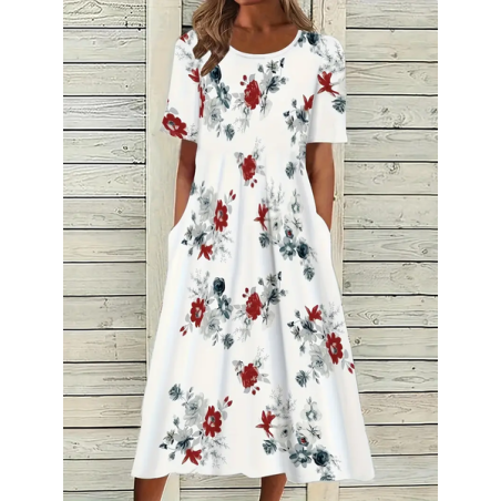 Women Floral Half Sleeve Summer Printing Dress Crew Neck Daily Casual Maxi A-Line Dress