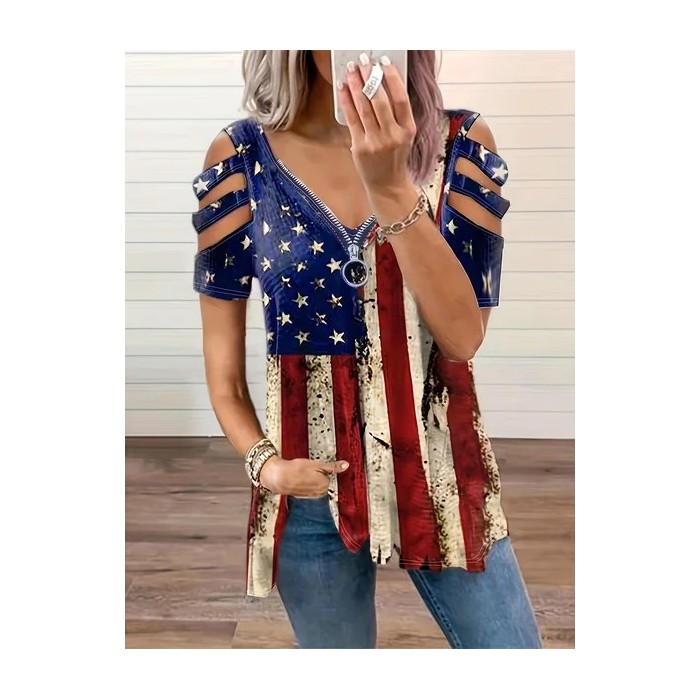 Women Independence Day (Flag) Short Sleeve Tee T-shirt V Neck Printing Vintage Summer Tunic Top