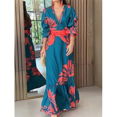 Women Floral Long Sleeve Spring/Fall Printing Dress V Neck Daily Vintage Maxi Ruffle Skirt A-Line Dress