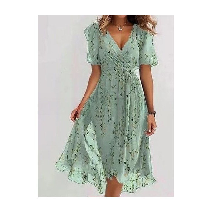 Women Floral Short Sleeve Summer Printing Dress V Neck Daily Vintage Maxi Ruffle Skirt A-Line Dress