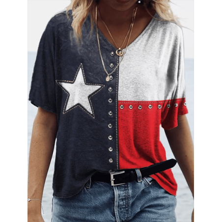 Women Independence Day (Flag) Short Sleeve Tee T-shirt V Neck Printing Casual Summer Graphic Tee Top
