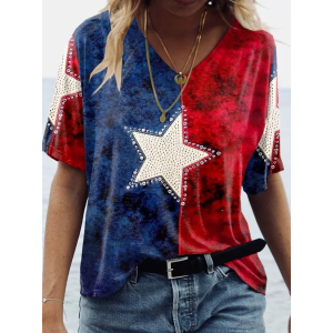 Women Independence Day (Flag) Short Sleeve Tee T-shirt V Neck Printing Casual Summer Graphic Tee Top