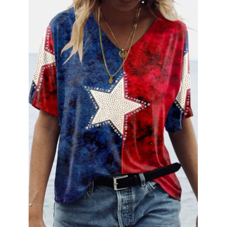 Women Independence Day (Flag) Short Sleeve Tee T-shirt V Neck Printing Casual Summer Graphic Tee Top