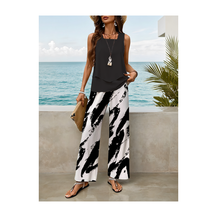Women Abstract Printing Two-Piece Set Daily Sleeveless Casual Summer Top With Pants Matching Set