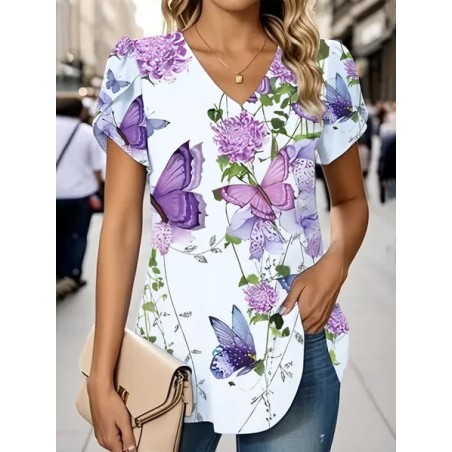Women Floral Short Sleeve Tee T-shirt V Neck Printing Casual Summer Graphic Tee Top