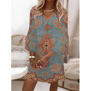 Women Floral Half Sleeve Summer Printing Dress V Neck Daily Casual Maxi H-Line Dress