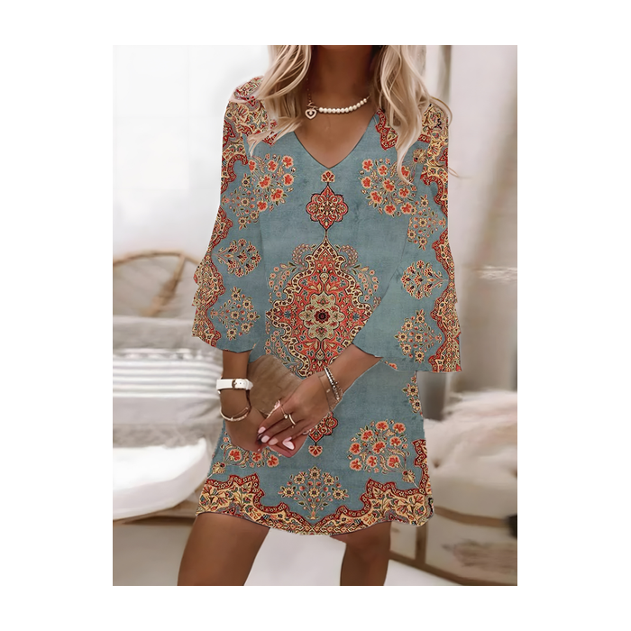 Women Floral Half Sleeve Summer Printing Dress V Neck Daily Casual Maxi H-Line Dress