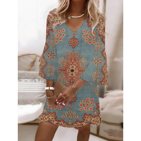 Women Floral Half Sleeve Summer Printing Dress V Neck Daily Casual Maxi H-Line Dress