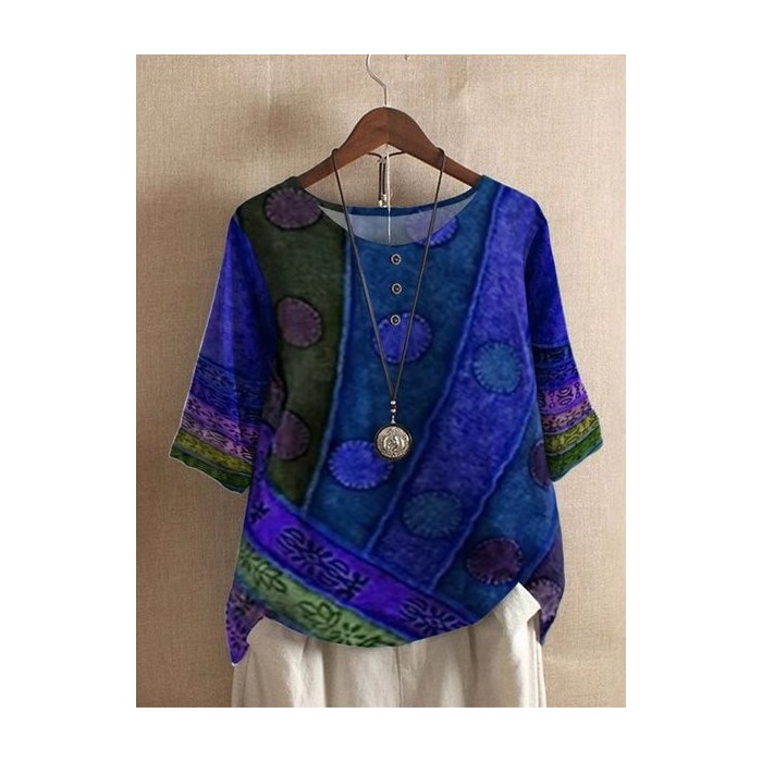 Women Geometric Short Sleeve Tee T-shirt V Neck Vintage Summer Top