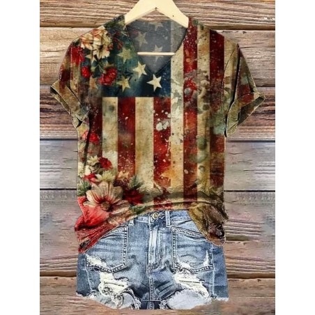 Women Floral Short Sleeve Tee T-shirt V Neck Printing Casual Summer Graphic Tee Top