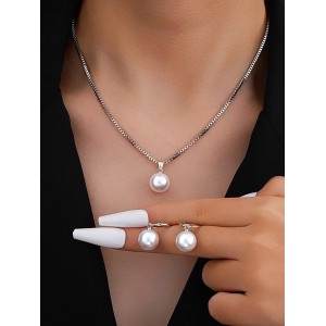 Jewelry Fashion Pearl Pendant Alloy Light Luxury Pearl Earrings Earrings Necklace Set Two-piece Necklace
