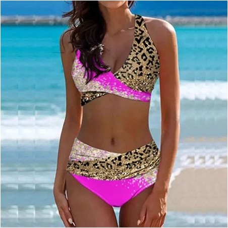 Boho Glitter Color Block Sexy Women's Swimsuit Cross Leopard Sequin Gradient Bikini