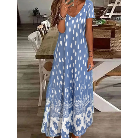 Women Floral Short Sleeve Summer Printing Dress V Neck Daily Casual Maxi X-Line Dress
