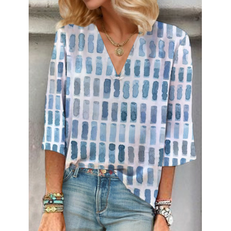 Women Geometric Three Quarter Sleeve Blouse Spring/Fall Printing V Neck Daily Casual Top