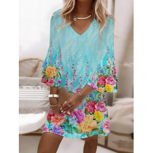 Women Floral Half Sleeve Summer Printing Dress V Neck Daily Casual Maxi H-Line Dress