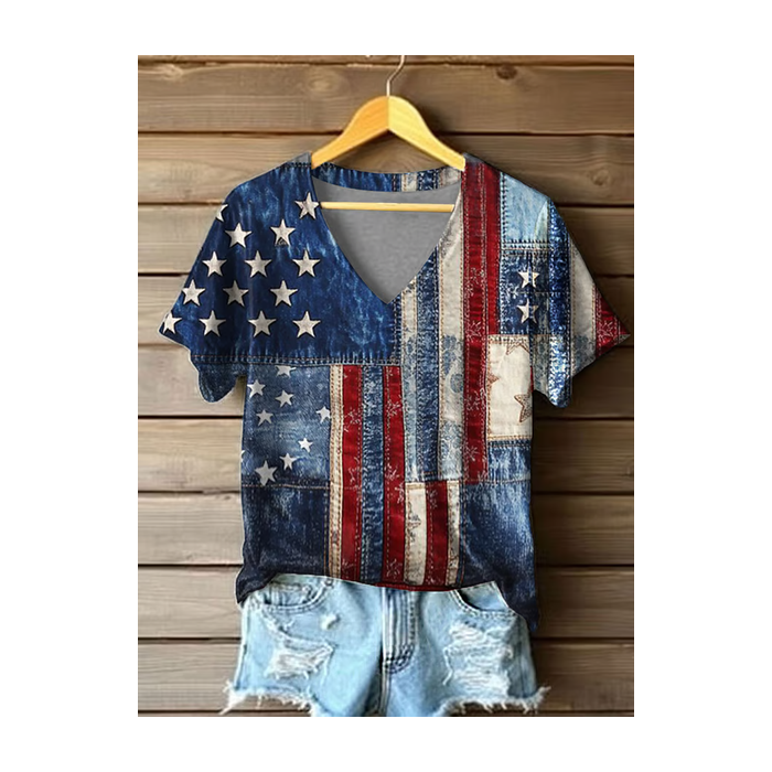 Women Independence Day (Flag) Short Sleeve Tee T-shirt V Neck Printing Casual Summer Graphic Tee Top