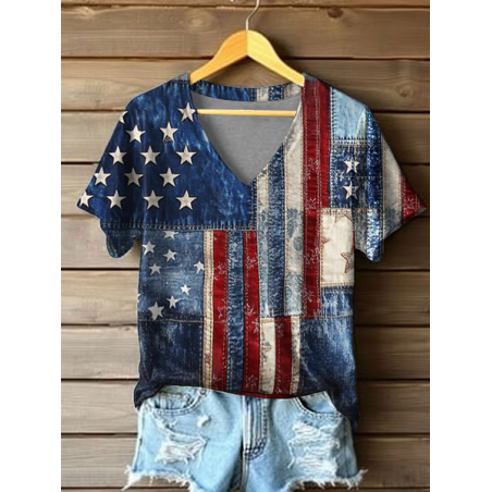 Women Independence Day (Flag) Short Sleeve Tee T-shirt V Neck Printing Casual Summer Graphic Tee Top