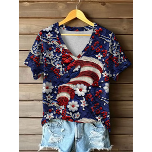 Women Floral Short Sleeve Tee T-shirt V Neck Printing Casual Summer Graphic Tee Top