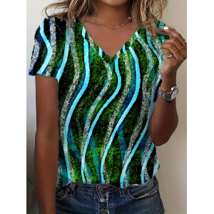Women Abstract Short Sleeve Tee T-shirt V Neck Printing Casual Summer Graphic Tee Top