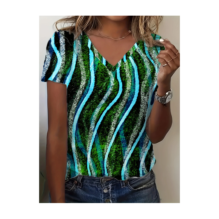 Women Abstract Short Sleeve Tee T-shirt V Neck Printing Casual Summer Graphic Tee Top
