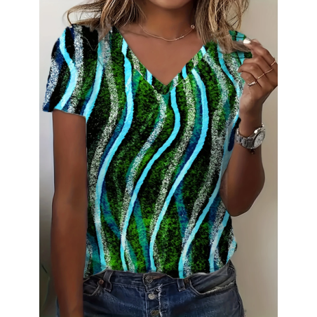 Women Abstract Short Sleeve Tee T-shirt V Neck Printing Casual Summer Graphic Tee Top