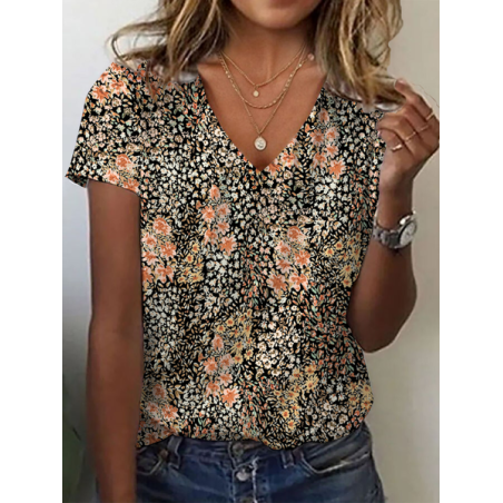 Women Floral Short Sleeve Tee T-shirt V Neck Printing Casual Summer Graphic Tee Top