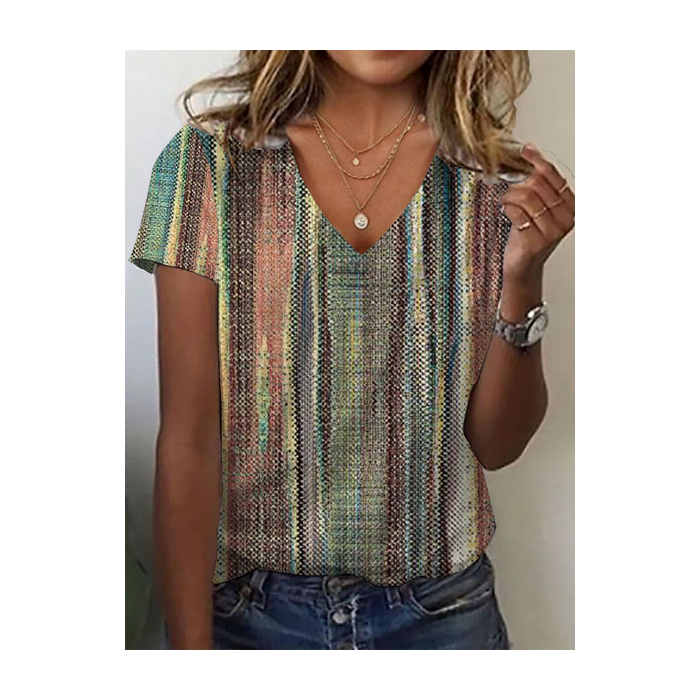 Women Striped Short Sleeve Tee T-shirt V Neck Printing Casual Summer Graphic Tee Top