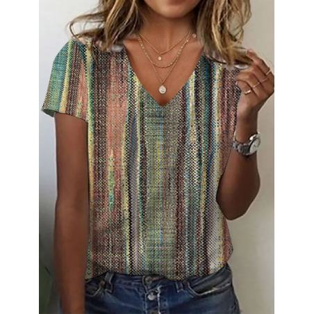 Women Striped Short Sleeve Tee T-shirt V Neck Printing Casual Summer Graphic Tee Top
