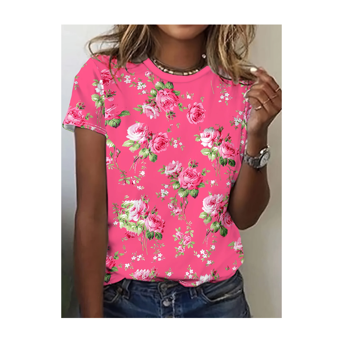 Women Floral Short Sleeve Tee T-shirt Crew Neck Printing Casual Summer Graphic Tee Top