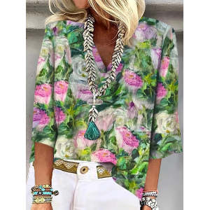 Women Floral Three Quarter Sleeve Blouse Spring/Fall Printing V Neck Daily Casual Top