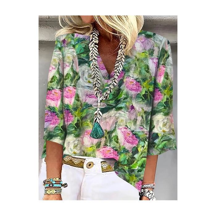 Women Floral Three Quarter Sleeve Blouse Spring/Fall Printing V Neck Daily Casual Top