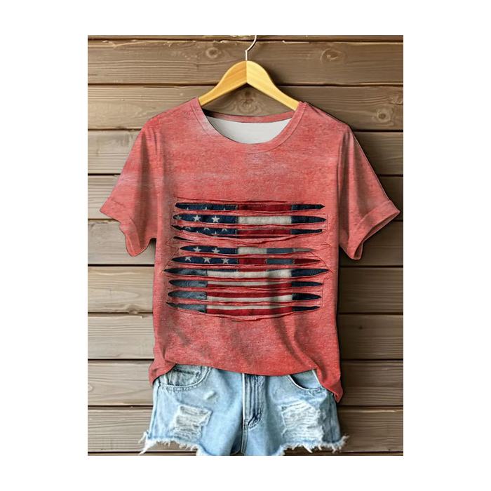 Women Independence Day (Flag) Short Sleeve Tee T-shirt Crew Neck Printing Casual Summer Graphic Tee Top