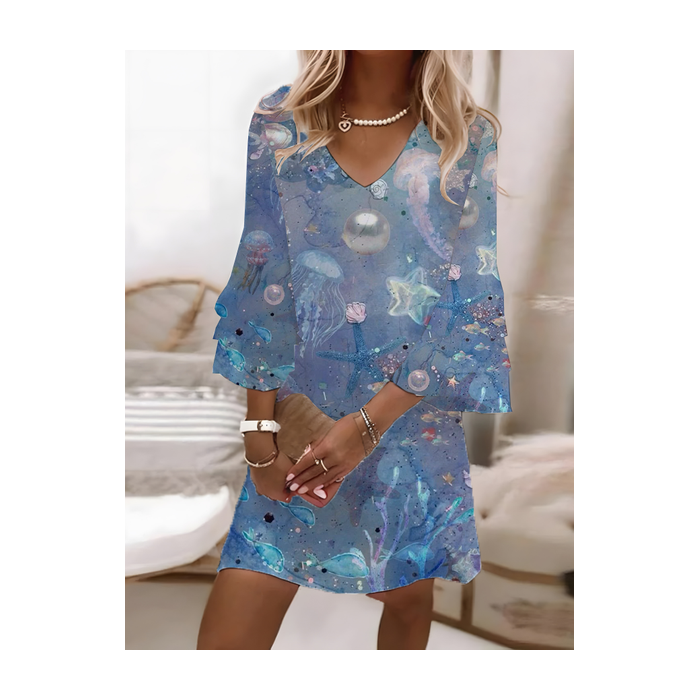 Women Marine Life Half Sleeve Summer Printing Dress V Neck Daily Casual Maxi H-Line Dress