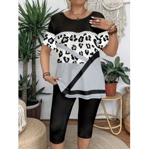 Women Leopard Short Sleeve Tee T-shirt Crew Neck Printing Casual Summer Graphic Tee Top