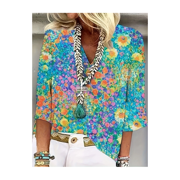 Women Floral Three Quarter Sleeve Blouse Spring/Fall Printing V Neck Daily Casual Top