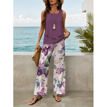 Women Floral Printing Two-Piece Set Daily Sleeveless Casual Summer Top With Pants Matching Set
