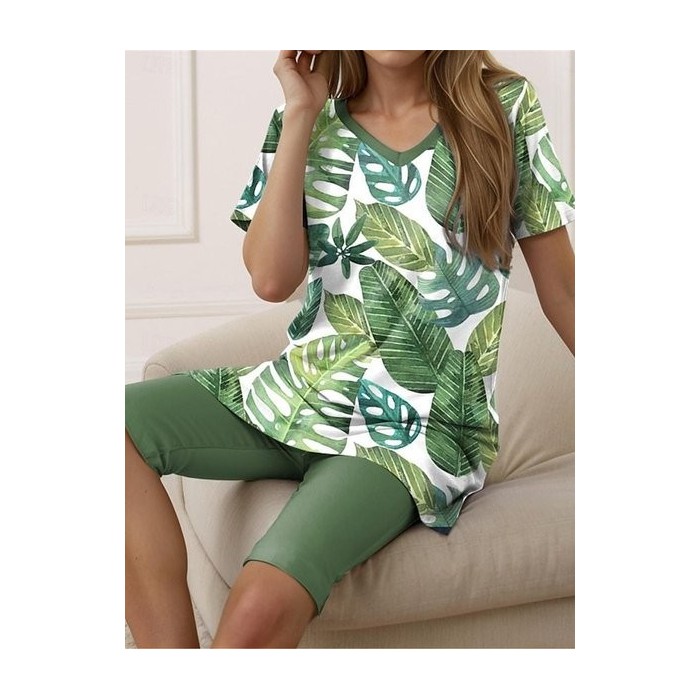 Women Floral Two-Piece Set Daily Short Sleeve Casual Summer Top With Pants Matching Set