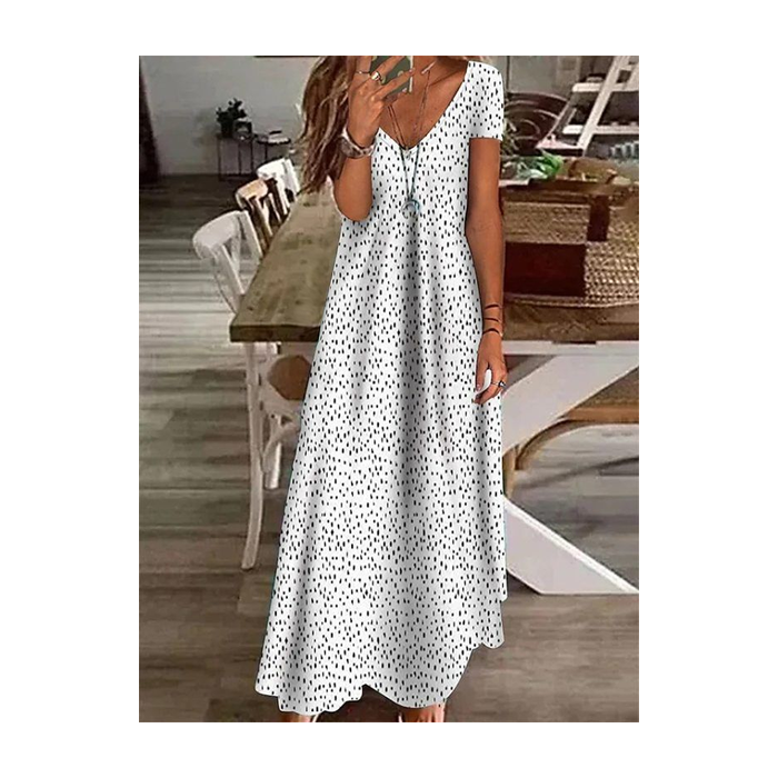 Women Polka Dots Short Sleeve Summer Printing Dress V Neck Daily Casual Maxi X-Line Dress
