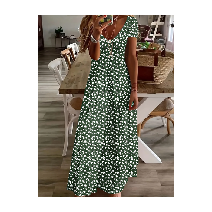 Women Floral Short Sleeve Summer Printing Dress V Neck Daily Casual Maxi X-Line Dress