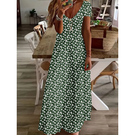 Women Floral Short Sleeve Summer Printing Dress V Neck Daily Casual Maxi X-Line Dress