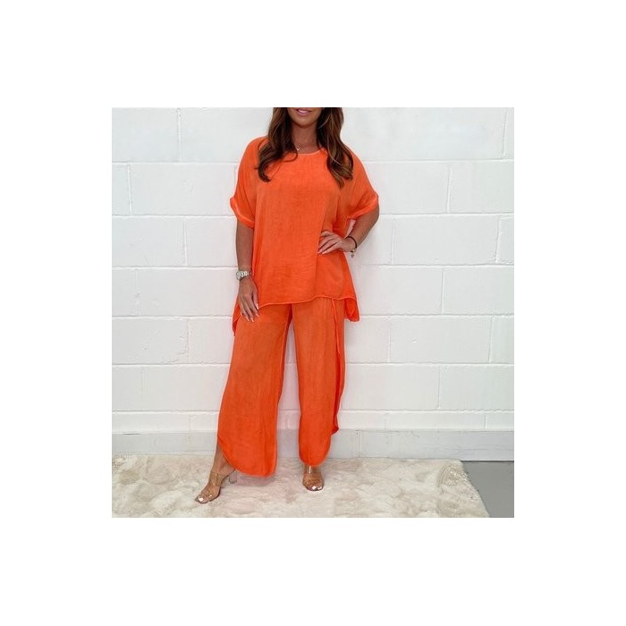 Women Plain Two-Piece Set Daily Half Sleeve Vintage Summer Top With Pants Matching Set