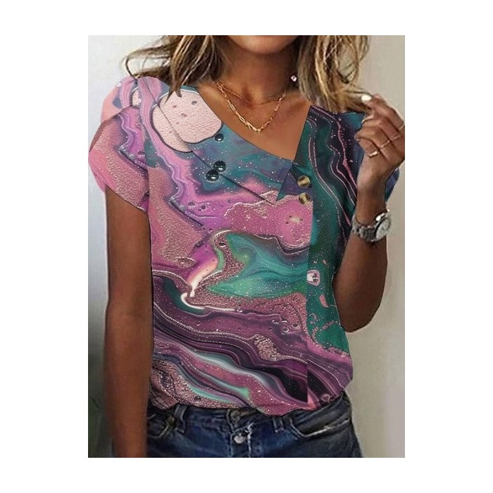 Women Geometric Short Sleeve Tee T-shirt Asymmetrical Buckle Vintage Summer Top