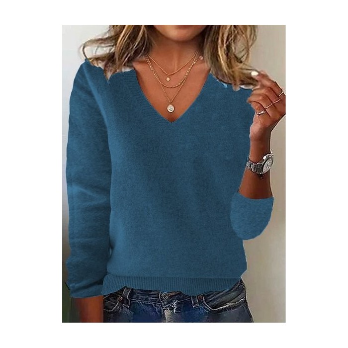 Women's Spring/Fall Plain Casual Long Sleeve V Neck Yarn/Wool Yarn Sweater