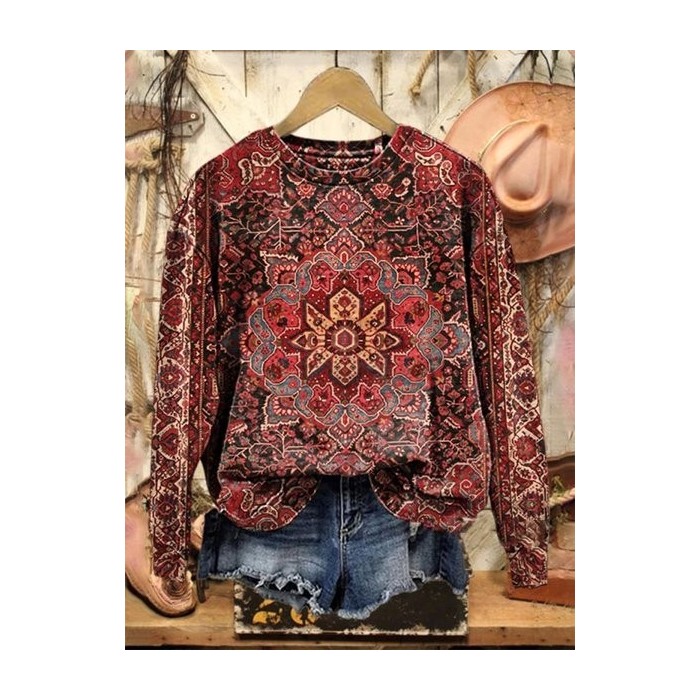 Women's Crew Neck Ethnic Casual Spring/Fall Long Sleeve Sweatshirt