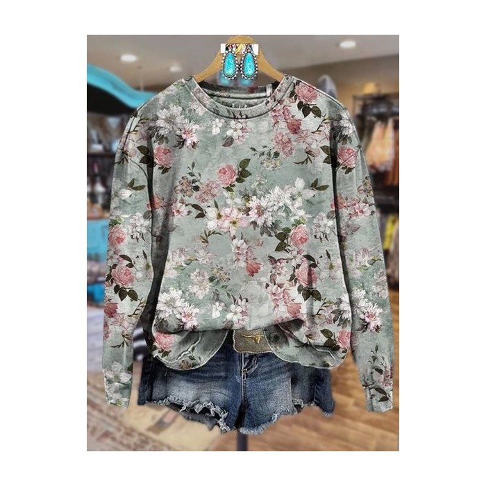 Women's Crew Neck Floral Casual Spring/Fall Long Sleeve Sweatshirt