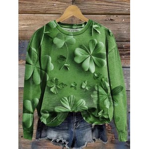 Women's St Patricks Day Four-leaf Clover Print Long Sleeve Crew Neck Floral Sweatshirt