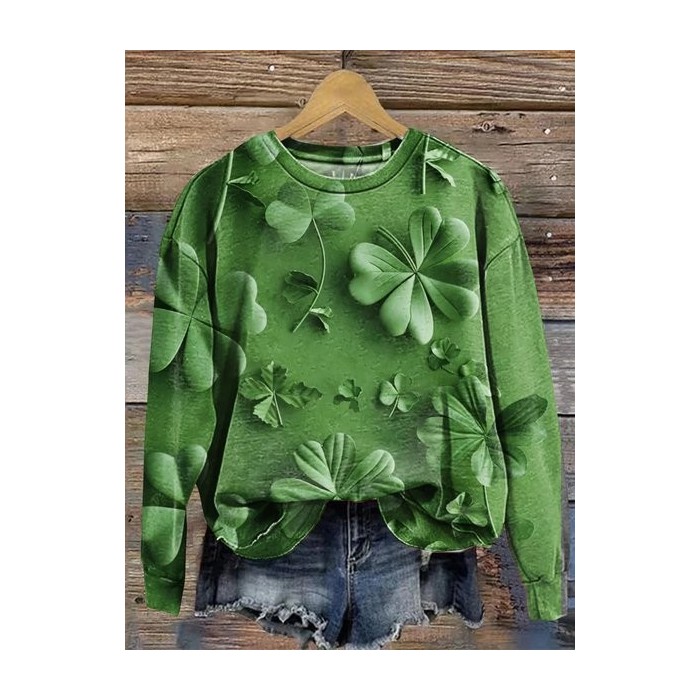 Women's St Patricks Day Four-leaf Clover Print Long Sleeve Crew Neck Floral Sweatshirt